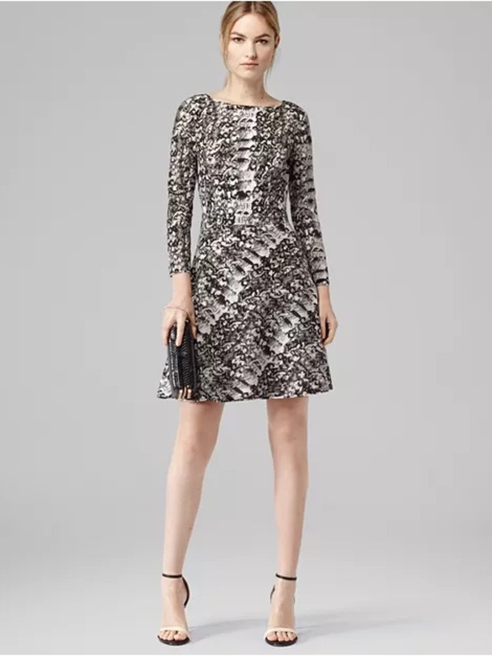 REISS Black and White Printed Long Sleeve Fit-and-Flare Dress